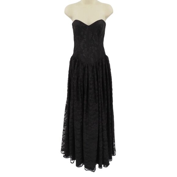 VTG Gunne Sax Jessica McClintock Women 9 Black Lace Strapless Gown Dress Bow - Picture 13 of 13